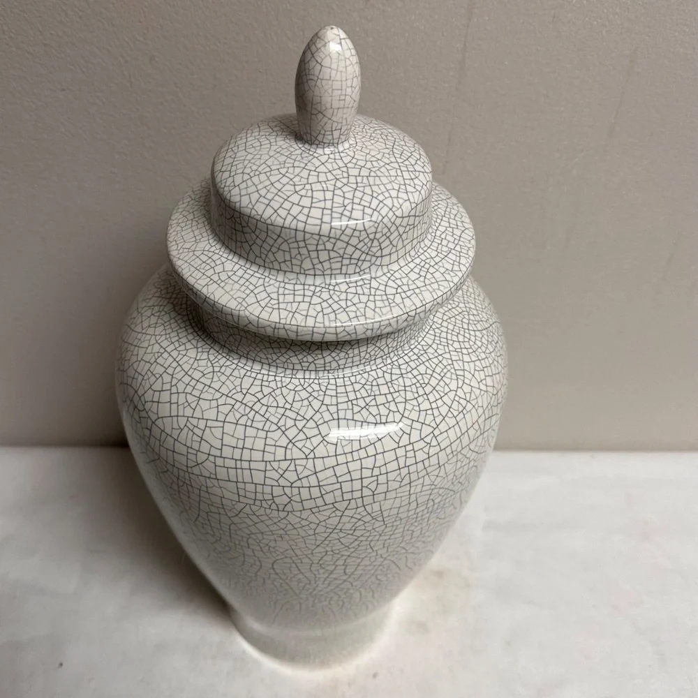 Vintage White Crackle Finish Ceramic Ginger Jar VaseTemple Jar Asian Modern 16”